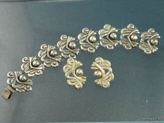 VINTAGE MEXICAN MEXICO 925 STERLING SILVER BRACELET & EARRINGS SET