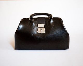 Vintage Black Leather Doctors Bag with Silver Buckle Luggage Handbag