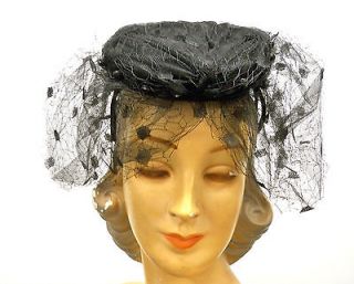 Vintage Ladies Cocktail Hat W/Veil Black Velvet Sonni 1950S One Size