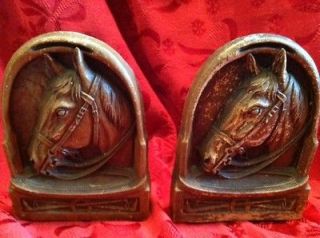 Vintage Syroco Western Horse Equestrian Book Ends Antique Carved Wood 