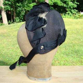 Victorian Black Straw Hat Bebe Bonnet Satin Bow Lace Trim C1870 80