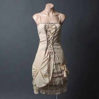 Beige Victorian Corset Petticoat Crochet Eyelet Dress L Size