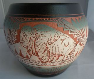 Native American Navajo Pottery James Benally Pottery Vase Buffalo, Elk 
