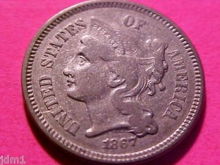 1867 Three Cent 3c Nickel Bright Nicer Higher Grade Circ Rare Coin 