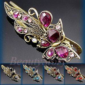    antiqued crystal rhinestone butterfly hair clamp clip