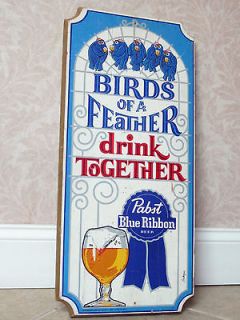   PABST BLUE RIBBON BEER BIRDS FEATHER DRINK 24X11 WOODEN WOOD PBR SIGN