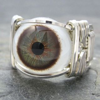 Hazel Glass Eye Eyeball Sterling Silver Wire Wrapped Ring ANY Size