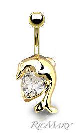 Fancy Clear Gem Dolphin Gold Plated Navel Belly Ring 14G+