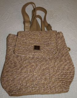   Claiborne Tan Woven Backpack Purse Beige Zippers Pockets Straw Look
