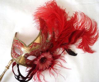 RED CARNIVAL on a Stick Venetian Mask Costume RED & GOLD Hand held