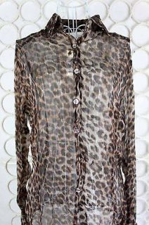 NWT Womens R020 Cavalli Silk Buttons Leopard Thin T Shirt Brown Size 