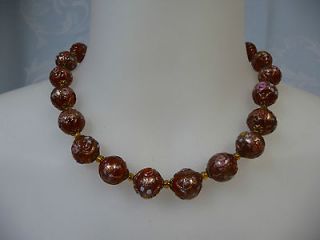 VINTAGE MURANO AMBER GLASS BEADED NECKLACE w/BRONZE FLECK ACCENTS