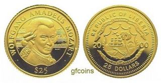 Liberia 2000 $25 Dollars WOLFGANG AMADEUS MOZART Fine Gold .9999
