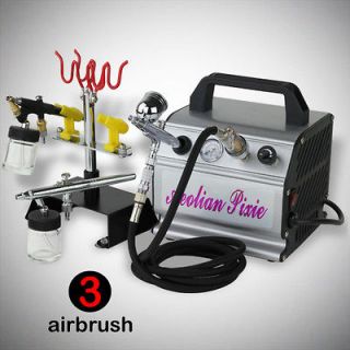New 3 Airbrush Kit 6 Createx Primary Colors Air Compressor Dual Action 
