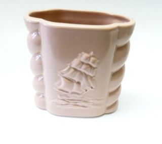 Vintage pink Abingdon USA pottery vase #491 sailing clipper ship 