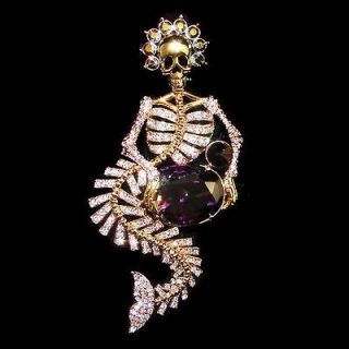 Skull Mermaid Brooch Pin Purple Rhinestone Crystal Halloween Oval 