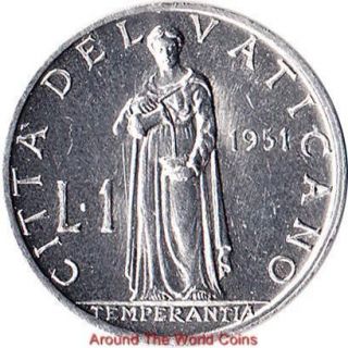 1951 Vatican City 1 Lira Coin Temperance Pius XII KM#49.1