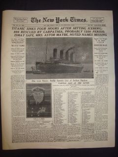 TITANIC SINKS HITS ICEBERG APRIL 16 1912 REPRINTED NEW YORK TIMES 