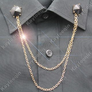   Facet Gold Chain Shirt Blouse Collar Neck Tips Brooch Pin Goth Punk