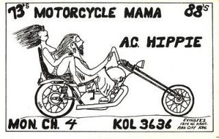   CB radio QSL postcard motorcycle hippie comic Evinger Arkansas City KS