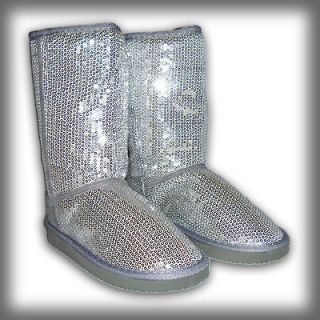 Girls Sequined Faux Fur Lined Boots Silver Sequin Comfy Size 10 11 12 