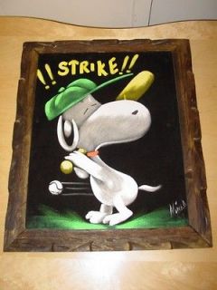Vintage Framed Peanuts Black Velvet Painting Snoopy Strike Baseball 
