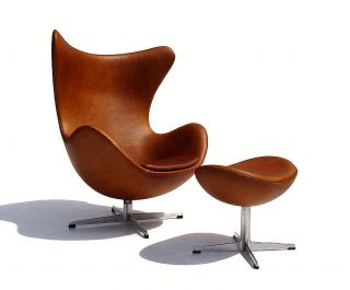 original arne jacobsen brown leather egg chair with ottoman by fritz 
