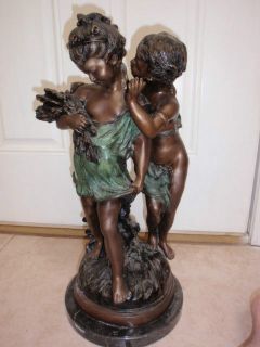 Large Auguste Moreau Bronze Whispering Children Sculpture Marble Base