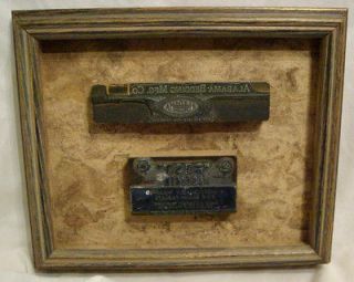 Pair antique printing blocks; Alabama Bedding; Best Aspirin; framed