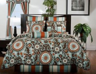4pc Sky Blue/Chocolate​/Rust Modern Design Comforter Set Queen