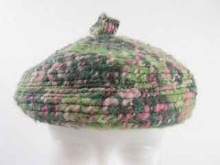VINTAGE PAULINE HERMAN Green Pink Boucle Knit Beret Hat