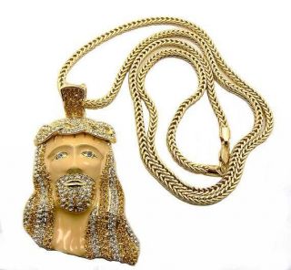 NEW ICED OUT BIG SEAN LION FACE & JESUS PENDANT & 4mm/36 FRANCO CHAIN 
