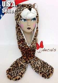 Unisex Women Girl Full Long Fur Animal Hood Hat Brown Leopard With Paw 