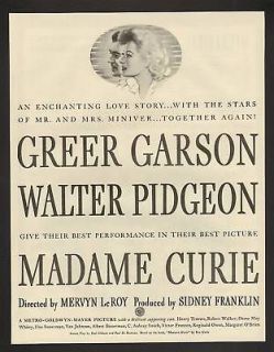 1944 Greer Garson Madame Curie Movie Vintage Print Ad