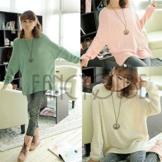 Ladies Casual Batwing Round Neck Knitted Pullover Jumper Loose Long 