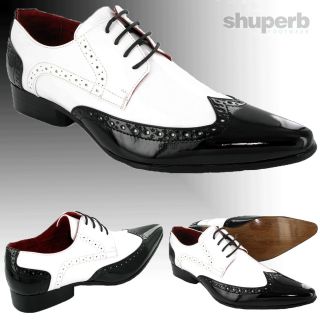 MENS POINTED BLACK/WHITE PATENT SMART BROGUE SHOES