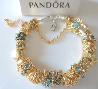 Authentic Pandora Bracelet Golden Love Butterfly Gold Charms & Box 