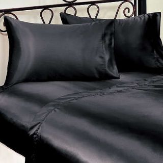LUXURY CAL KING BLACK SILK~Y SATIN FLAT/FITTED SHEETS+PILLOWCASES DP 