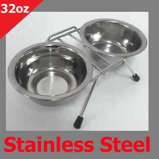 Stainless Steel Double Diner Dog Cat Pet Food Water Bowl with Stand 