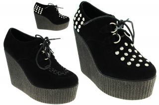 NEW WOMENS HIGH PLATFORM CREEPERS WEDGE STUDS GOTHIC PUNK BLACK SUEDE 