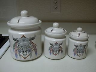 Ceramic Southwest Cow Skull Canister Set ~ 3 Canisters with Lids 