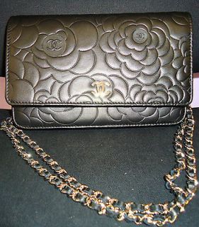 Authentic Chanel Black Leather Wallet on a Chain, Flower Detail, NWOT