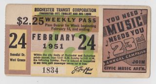 FEBRUARY 24 1951 ROCHESTER NY TRANSIT CORP CITY LINES PASS