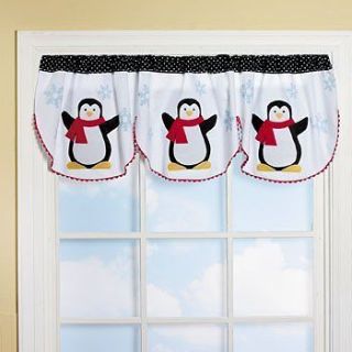 Black White Red Penguins Kitchen Window Valance Winter Snow Decor