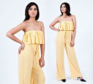 NEW Womens Strapless Shoulderless Yellow Playsuit Jumpsuit Party Long 