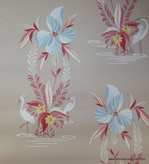 1940s Vintage Wallpaper Blue water Lilies and white cranes