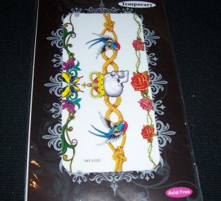Temporary Tattoo Skull Rope Birds Rose Butterfly Crown   Sheet is 3 1 