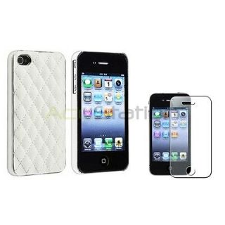 White Leather w/ Silver Side Hard Cover Case+Bling Protector for 