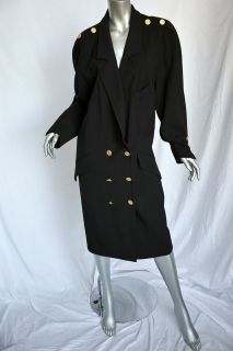 CHANEL BOUTIQUE Long Black Coat Jacket Double Breasted+Gold MILITARY 
