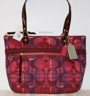 COACH Poppy Tartan Small Glam Tote Bag Purse 21137 NWT Scarlet Pink 